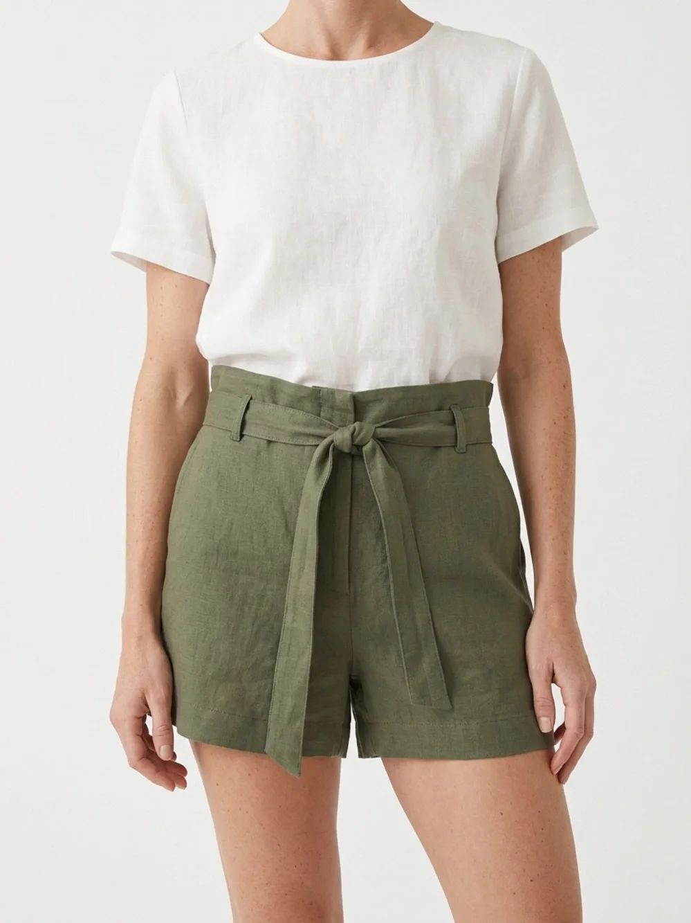 LOFT | Olive Green High Waist Tie Front Linen Blend Belted Shorts Women’s Size 6